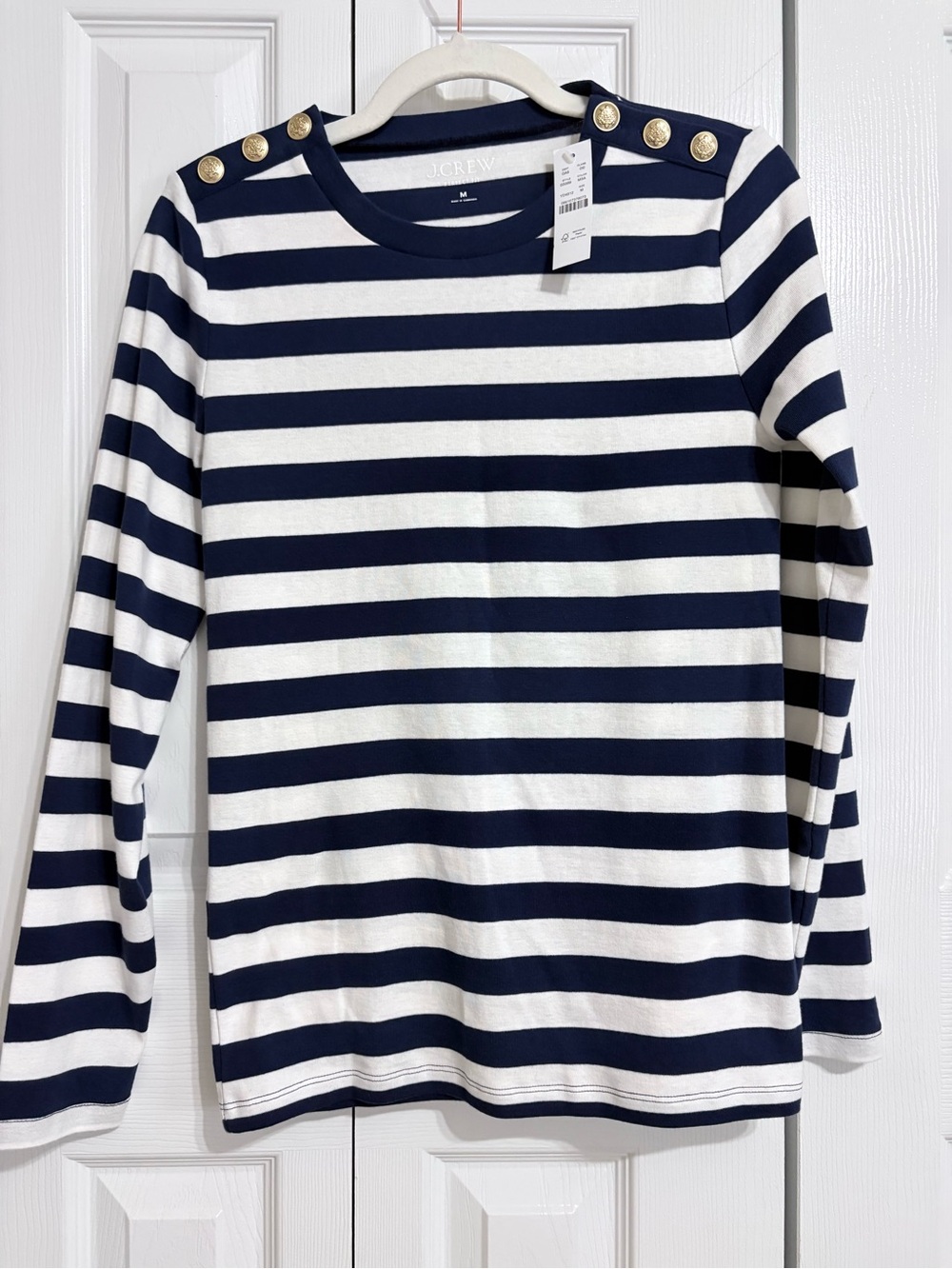 J. Crew Perfect fit long sleeve crewneck T shirt, size M, navy and white stripes